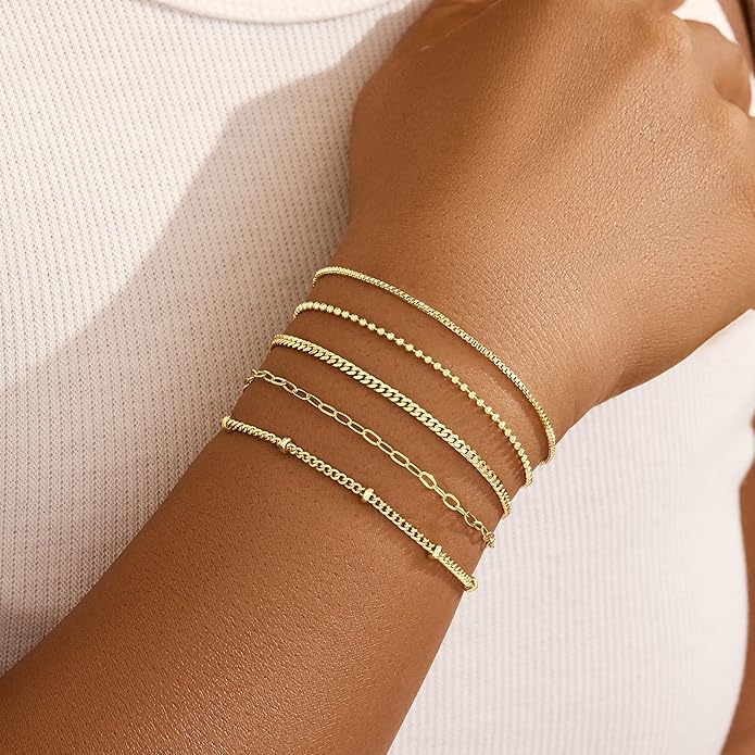 Gold Bracelets for Women Non Tainish,Dainty Bracelets Stack for Women Trendy, Gold Plated Cuff Bracelets Stack With Beaded Cuban Paperclip Snake Rope Bangle Hand Chain Jewelry Gifts for Women