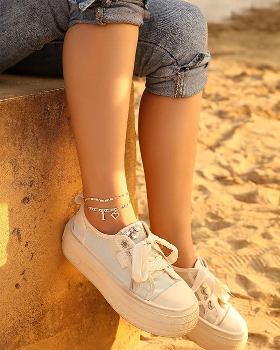 Initial Ankle Bracelets for Women Waterproof 14K Gold Plated Dainty Layered Figaro Chain Letter Initial CZ Heart Ankle Bracelets Set Summer Beach Jewelry for Women