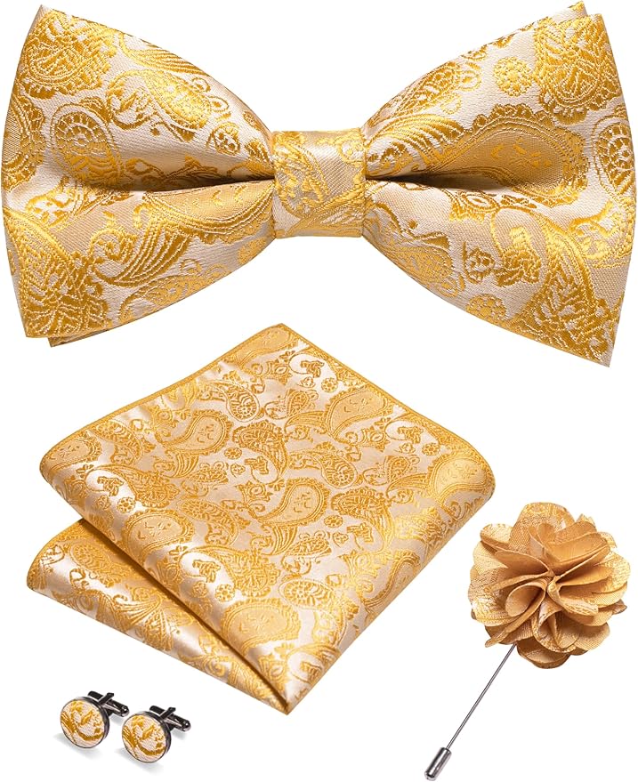 JEMYGINS Paisley Pre-tied Bow Tie and Pocket Square Cufflinks Lapel Pin Sets for Men 4PCS