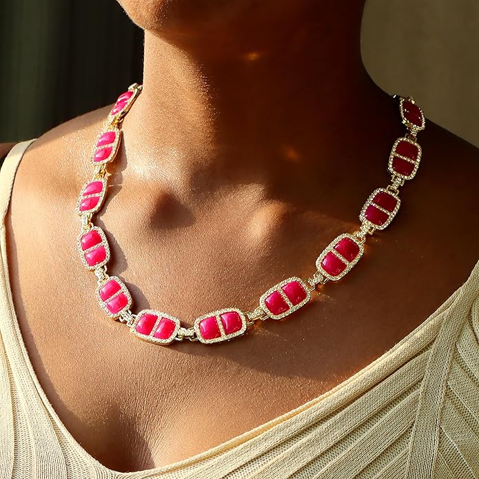 Chunky Necklace for Women 12 Colors Diamond Stone Gold Statement Necklace for Women Full Trendy Blue Birthstone Choker Necklace for Women Square Design Necklace Jewelry