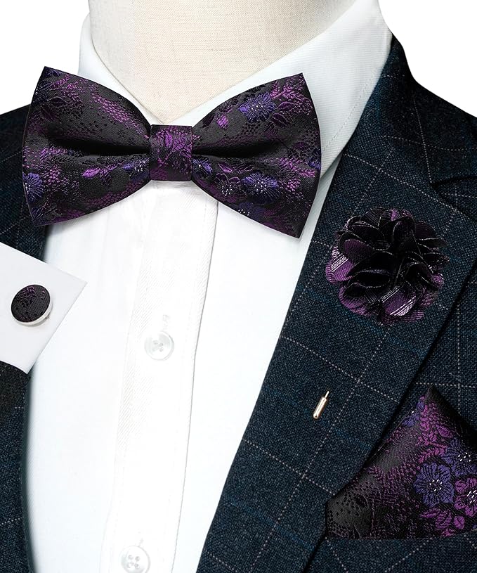 JEMYGINS Floral Pre-tied Bow Tie and Pocket Square Cufflinks Lapel Pin Sets for Men 4PCS