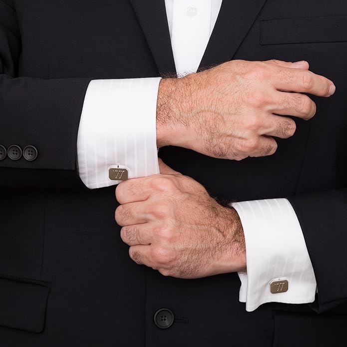 18K White-Gold Plated Initial Engraved Stainless Steel Men’s Cufflinks With Gift Box -Personalized Alphabet Letter’s A-Z By Lux & Pair