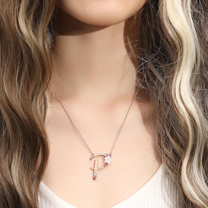 Flower Initial Letter Necklace Pink Red Blue Simulated Pearl Pendant Name Jewelry Made with Austrian Crystals Rose Gold Plated Anniversary Birthday Gifts for Women,18"+2"