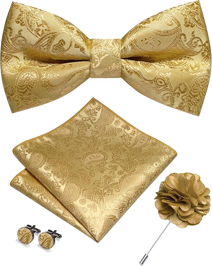 JEMYGINS Paisley Pre-tied Bow Tie and Pocket Square Cufflinks Lapel Pin Sets for Men 4PCS