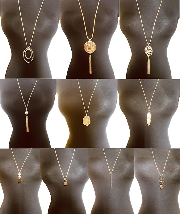 10Pcs Long Pendant Necklace Simple Moon Bar Three Triangle Tassel Lock Sweater Y Shape Punk Chain Choker Necklace for Women Men Gold Silver Plated