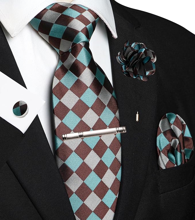 JEMYGINS Mens Tie and Lapel Pin Necktie Pocket Square Cufflinks and Tie Clip Sets for Business Casual 5PCS
