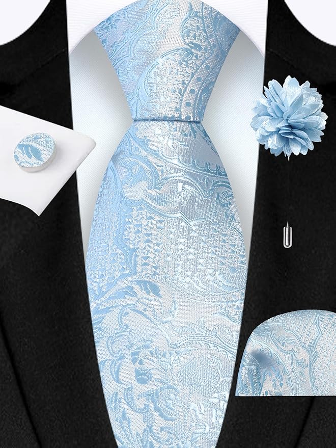 GUSLESON 8cm Paisley Tie Set for Men Necktie Lapel Pin Pocket Square Cufflinks Set for Men