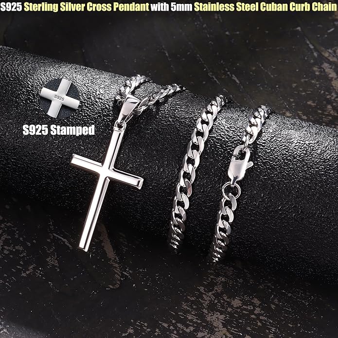 MILACOLATO 925 Sterling Silver Cross Necklace Men - Beveled Edge Cross Pendant with 5mm 316L Stainless Steel Cuban Link Curb Chain Crucifix Necklaces Silver Jewelry for Men Women, 18-30'' Christian Baptism Gift