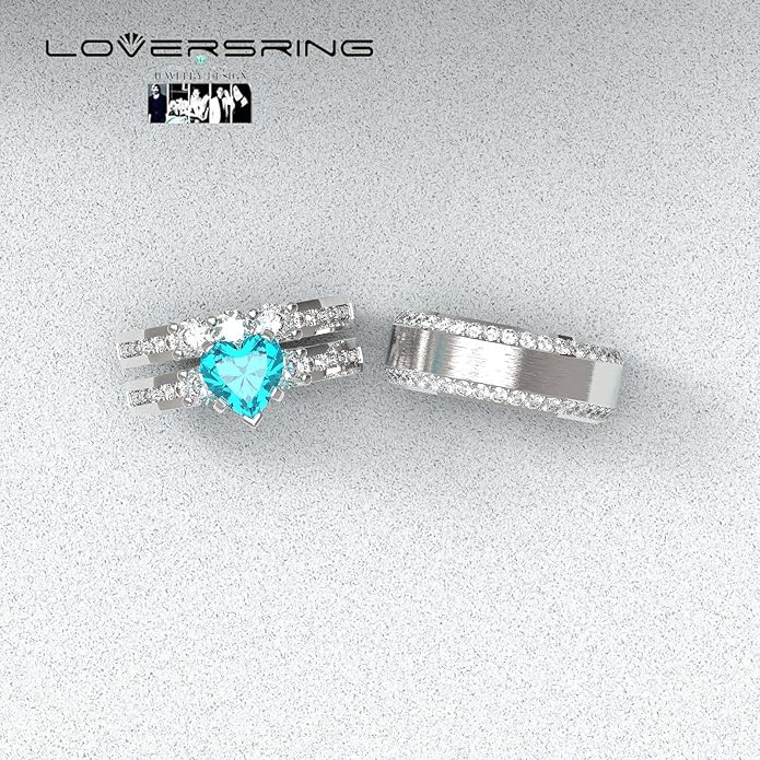 TWO RINGS Wedding Ring Sets His And Hers Promise Ring Couples Bridal Sets Women 925 Sterling Silver square Cz Man Stainless Steel Brushed Finished Wedding Bands