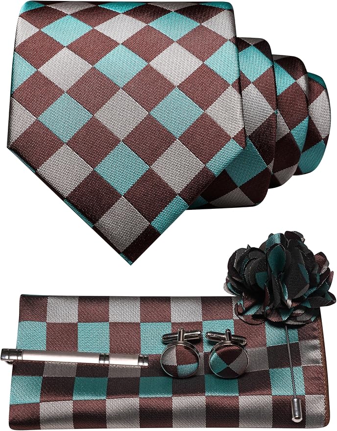 JEMYGINS Mens Tie and Lapel Pin Necktie Pocket Square Cufflinks and Tie Clip Sets for Business Casual 5PCS