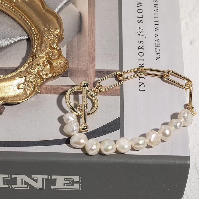 Cowlyn Pearl Bracelets for Women - Dainty 14K Gold Plated Beaded Pearl Link Chain Birthday Christmas Jewelry Gifts for Women