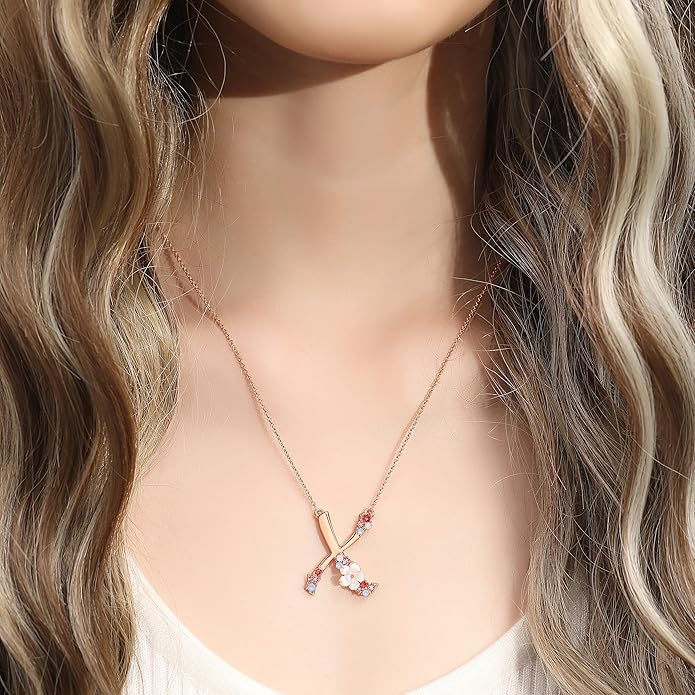 Flower Initial Letter Necklace Pink Red Blue Simulated Pearl Pendant Name Jewelry Made with Austrian Crystals Rose Gold Plated Anniversary Birthday Gifts for Women,18"+2"