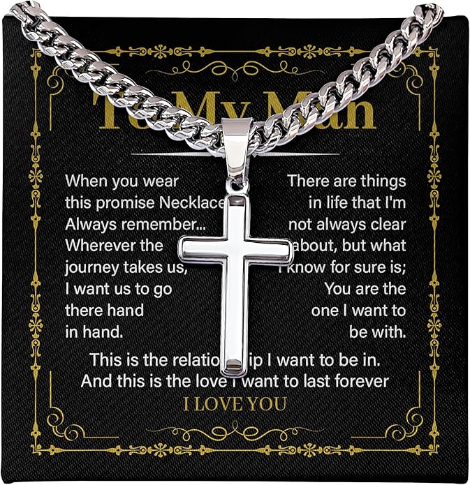 FLAGISTA To My Man Cross Necklace, Stainless Steel Cross Pendant with Adjustable Cuban Link Chain, Meaningful Gift for Him.