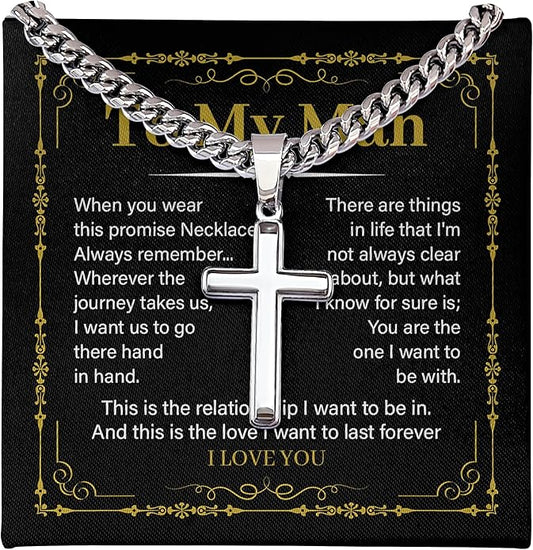 FLAGISTA To My Man Cross Necklace, Stainless Steel Cross Pendant with Adjustable Cuban Link Chain, Meaningful Gift for Him.