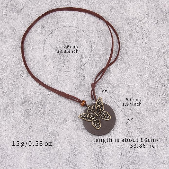 Long Boho Necklaces for Women Vintage Leather Wooden Pendant Y Choker Ethnic Style Gold Circle Hippie Sweater Necklace