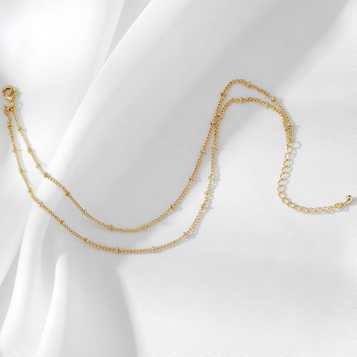 Pencros Dainty Layered Anklet,14K Gold Filled Cute Beads Satellite Chain Heart Boho Adjustable Anklets for Women