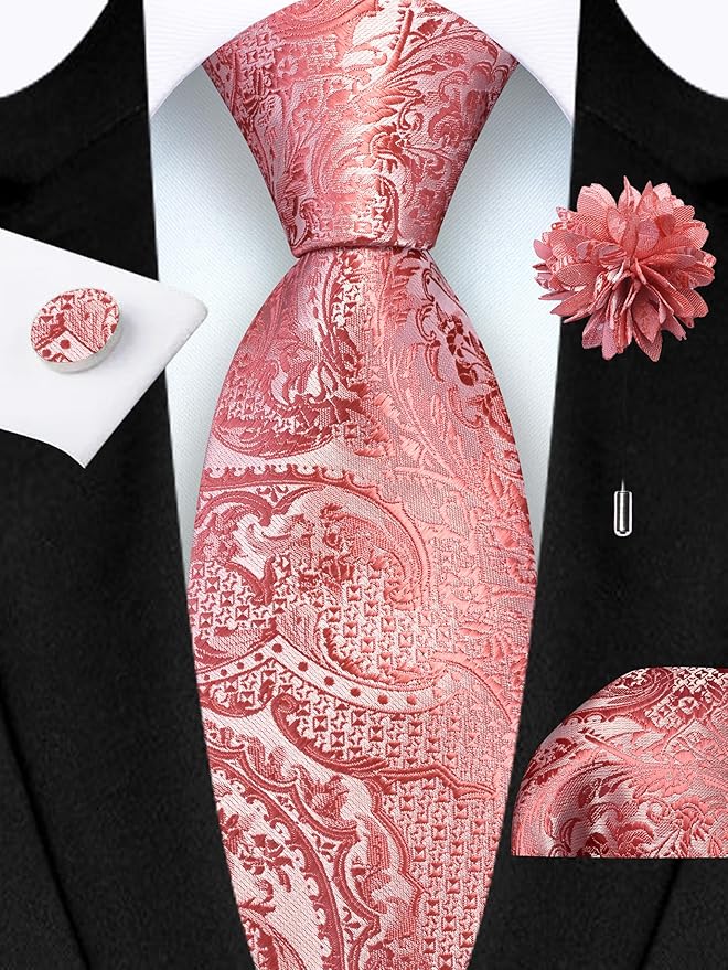 GUSLESON 8cm Paisley Tie Set for Men Necktie Lapel Pin Pocket Square Cufflinks Set for Men