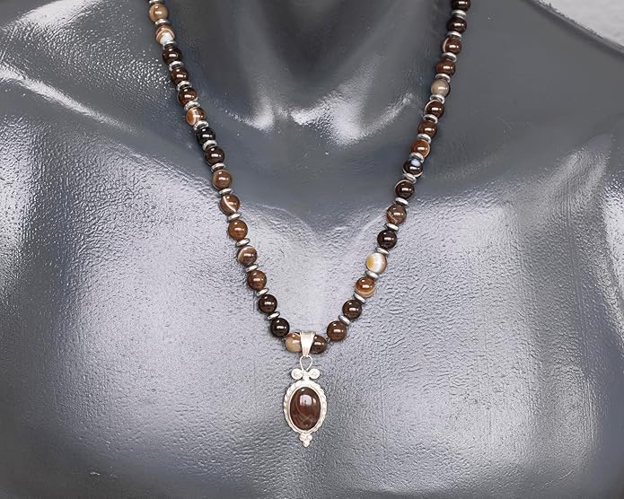 Natural Carnelian Agate Silver Pendant, Genuine Black Onyx Beaded Necklace, Gemstone Strong Necklace, 18x13 Cabachon, Fashion Dainty Jewelry, Healing Crystal Chakra Necklace, Minimalist Necklace