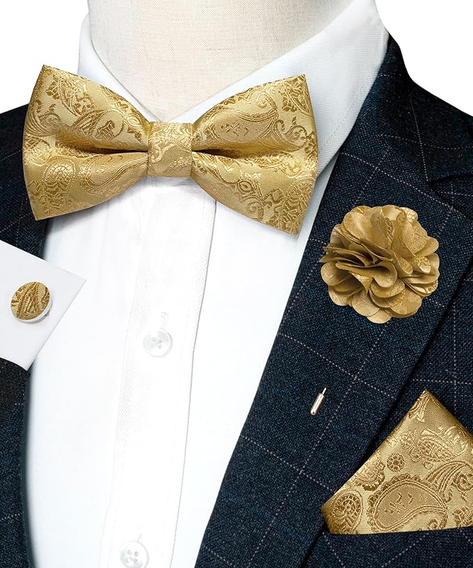 JEMYGINS Paisley Pre-tied Bow Tie and Pocket Square Cufflinks Lapel Pin Sets for Men 4PCS
