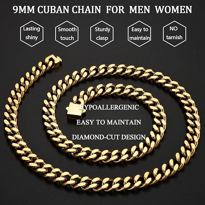 Fiusem Valentines Day Gifts for Him Silver Tone/Black/14K Gold Plated Chain Necklace for Men, 5mm/6mm/7.5mm/8mm/9mm Stainless Steel Cuban Link Chain Necklace, Men's Chains 18-28 Inch Jewelry Gifts
