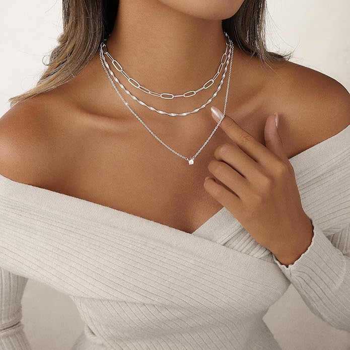 Layered Gold Necklace for Women Trendy 14K Gold Plated Heart CZ Pendant Layered Gold Necklaces Set Coin Choker Necklaces Simple Circle Cubic Zirconia Pearl Necklace Stack Herringbone Paperclip Chain Jewelry Set
