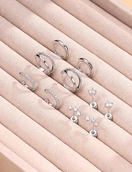 Florideco 925 Sterling Silver Earrings for Women Trendy Hypoallergenic Small Gold Hoop Earrings 14K Gold Plated Stud Earring Sets for Multiple Piercing CZ Ear Cuff Cartilage Earring Stacks