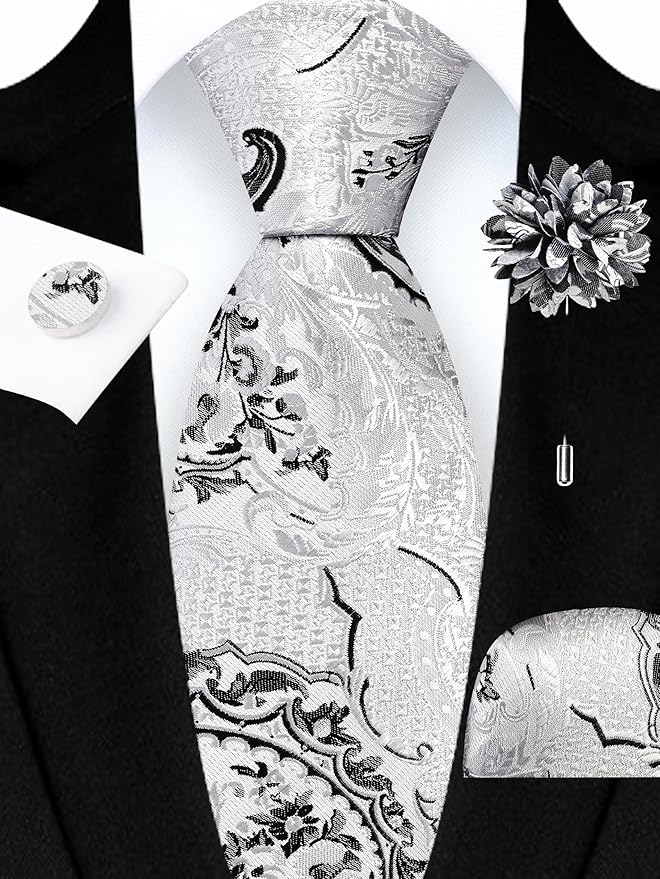 GUSLESON 8cm Paisley Tie Set for Men Necktie Lapel Pin Pocket Square Cufflinks Set for Men