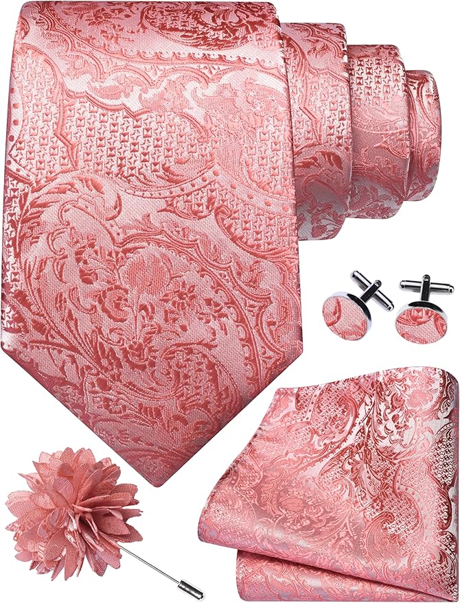 GUSLESON 8cm Paisley Tie Set for Men Necktie Lapel Pin Pocket Square Cufflinks Set for Men