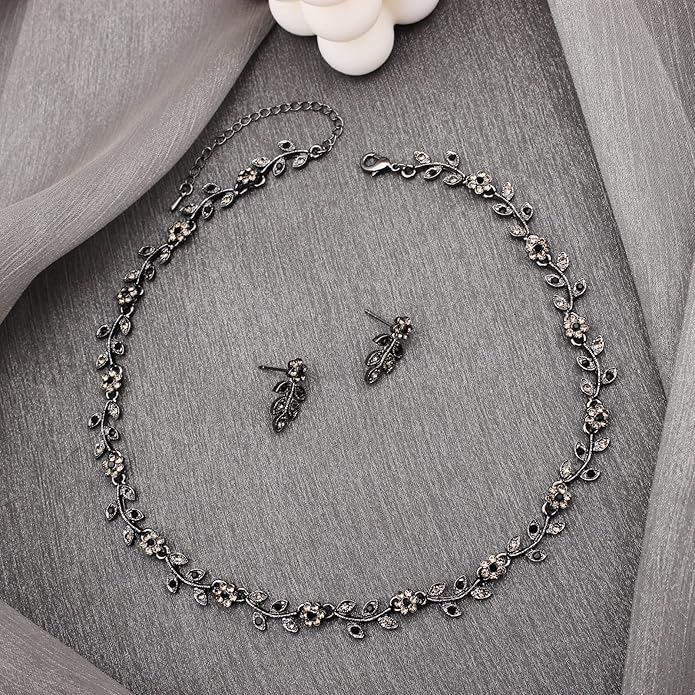 Austrian Crystal Rhinestone Choker Necklace Dangle Earring Link Bracelet Jewelry Set for Brides Bridesmaid Prom Costume Accessories for Women