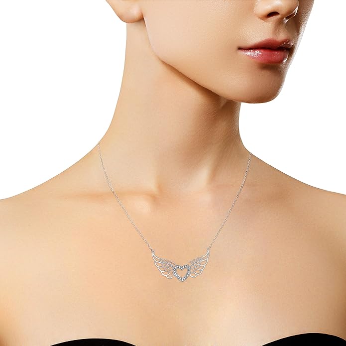 Haus of Brilliance .925 Sterling Silver Pave-Set Diamond Accent Fairy Wing 18" Heart Pendant Necklace (I-J Color, I1-I2 Clarity)