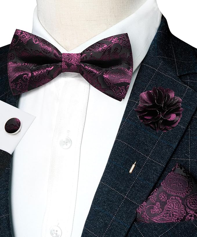 JEMYGINS Paisley Pre-tied Bow Tie and Pocket Square Cufflinks Lapel Pin Sets for Men 4PCS