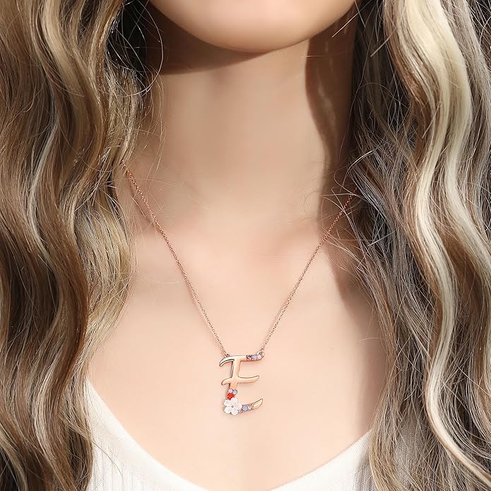 Flower Initial Letter Necklace Pink Red Blue Simulated Pearl Pendant Name Jewelry Made with Austrian Crystals Rose Gold Plated Anniversary Birthday Gifts for Women,18"+2"