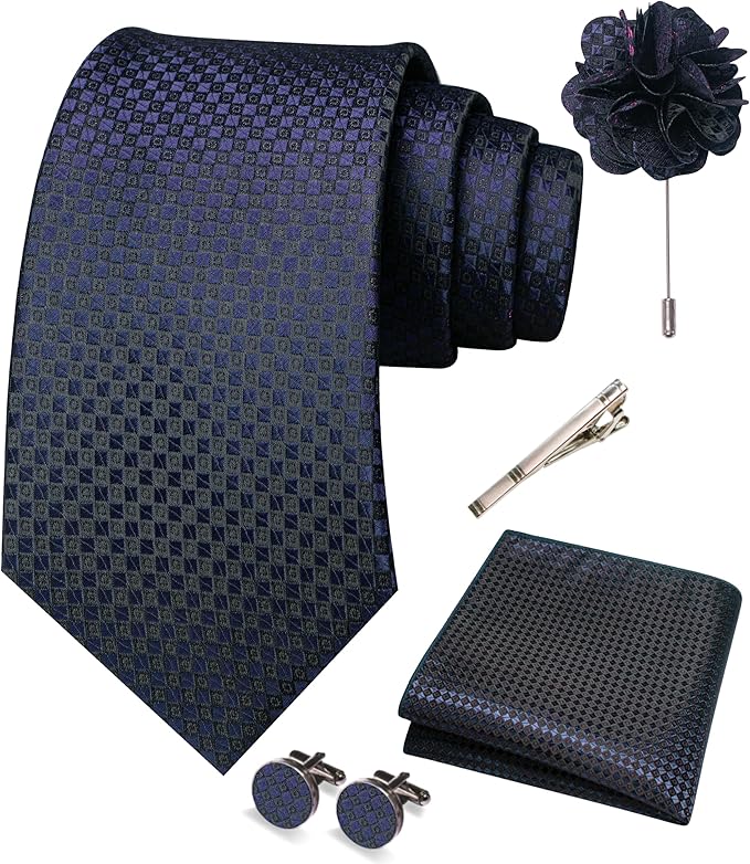 JEMYGINS Mens Tie and Pocket Square,Lapel Pin,Cufflinks,Tie Clip Sets with Gift Box 5PCS