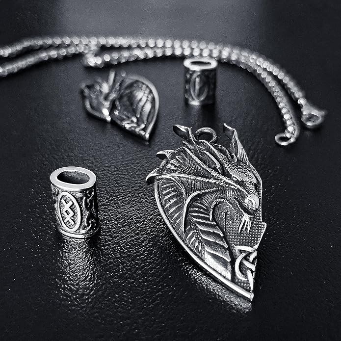 ZiWuark Matching Dragon Necklace Couples Viking Heart Necklace Jewelry for Men Women with Rune Beads