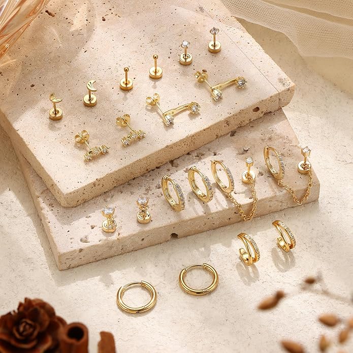 Florideco 14K Gold Plated Earrings for Women Hypoallergenic 20G Surgical Stainless Steel Flat Back Stud Earrings Dainty Stackable Earring Stacks Small Cartilage Earring Sets for Multiple Piercing
