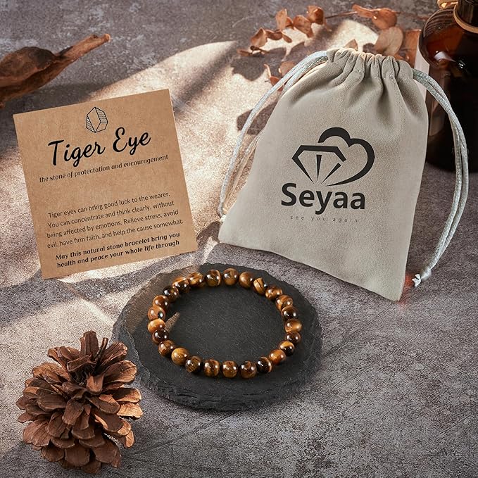 Seyaa Tiger Eye Bracelet, Men Women Stretch Bracelet, Bead Stone Bracelet Valentines Gift for Unisex