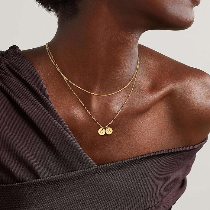 Turandoss Gold Initial Necklaces for Women - Dainty 14K 14K-Gold-Plated Layered Two Letter A-Z Stack Disc Initial Necklace Trendy, Birthday Personalized Gifts for Women Teen Girls Jewelry