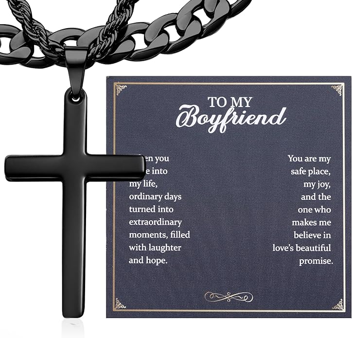 TEN MIRO Silver/Black Cross Necklace for Men Boy Stainless Steel Cross Pendant Necklace for Men Christian Religious Jewelry with Box & Card Birthday Anniversary Christmas Father's Day Gifts for Him