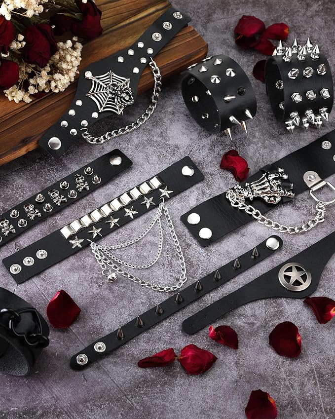 Hicarer 9 Pieces Spiked Studded Bracelet Black Leather Rivet Punk Bracelet Cuff Wrap Bangle Snap Button Metal Wristband for Men Women