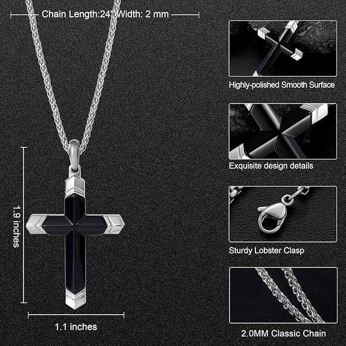 GTMJ Cross Necklace for Men -Stainless Steel & Gemstone Adjustable Box Chain 24-26in, Spiritual Jewelry Gift for Him, Everyday Wear