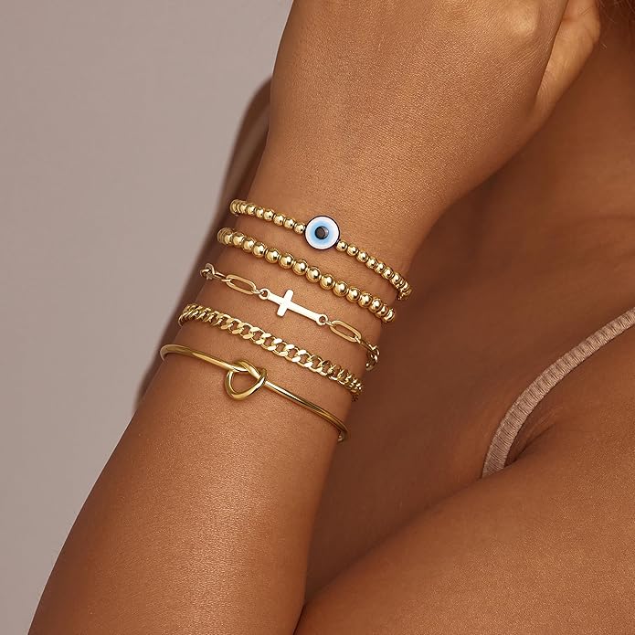 Gold Bracelets for Women Non Tainish,Dainty Bracelets Stack for Women Trendy, Gold Plated Cuff Bracelets Stack With Beaded Cuban Paperclip Snake Rope Bangle Hand Chain Jewelry Gifts for Women