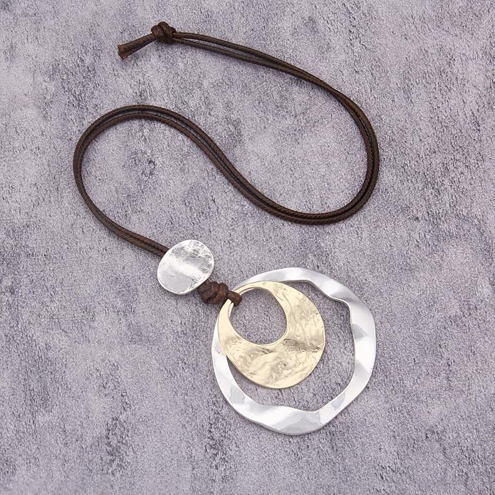 Boho Necklaces for Women Chunky Circle Necklace Layered Boho Circle Leather Choker Necklace Long Vintage Necklaces Bohemian Jewlery Gifts