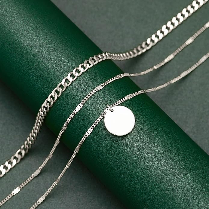 WomenGifts Layered Gold Necklaces for Women, 14K Gold Sterling Silver Plated Dainty Pendant Necklace Set with Cubic Zirconia Circle, Chunky Stackable Cuban Chain Choker, Trendy Personalized Birthstone Jewelry Gift Non Tarnish