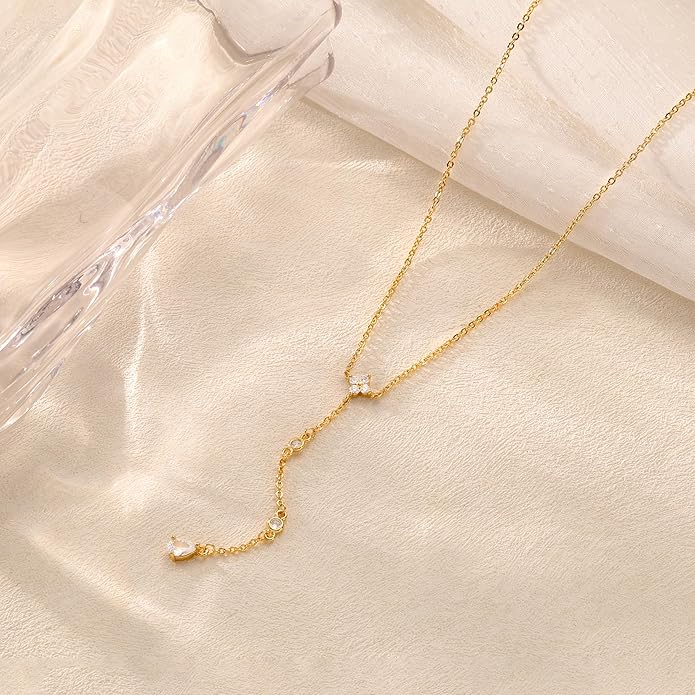 CHESKY Lariat Gold Necklace for Women Trendy, Dainty Long Necklace 14k Gold Plated/Silver Y-Shaped Pendant Necklace Layered Cz Beaded Chain Drop Necklaces Simple Gold Jewelry For Women Gift