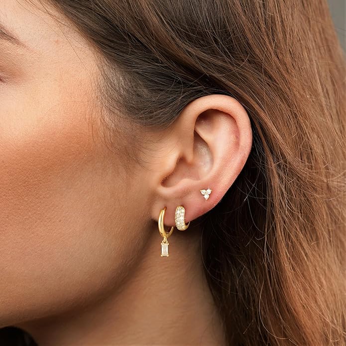 3 Pairs Earrings Set for Multiple Piercings, Gold Plated Studs Hoop Earrings Stack, CZ Dangle Earrings Set, Hypoallergenic for Sensitive Ears, Women's Gift
