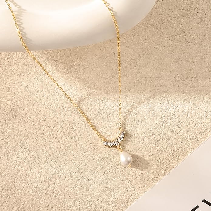 Pearl Necklace for Women Trendy,14k Gold Plated Necklace Dainty Wedding Necklace Small Cute Choker Necklace Beaded Lariat Drop Necklace Vintage Waterproof Jewelry for Women Gold Jewelry Fashion Gifts