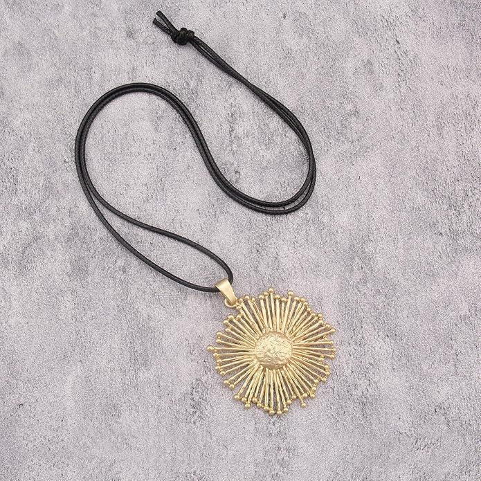 Long Boho Necklaces for Women Vintage Leather Wooden Pendant Y Choker Ethnic Style Gold Circle Hippie Sweater Necklace