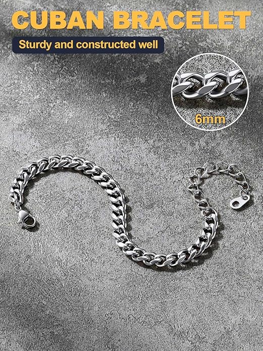 U7 Link Bracelets for Men, Cuban Link/Rope/Watch Band Solid Bracelet, Silver Black Gold Color Wrist Bracelet 3/6/9/12/15mm Width, 6.5/7.5/8.3 Inch Length, Hand Chain Jewelry for Mens Women