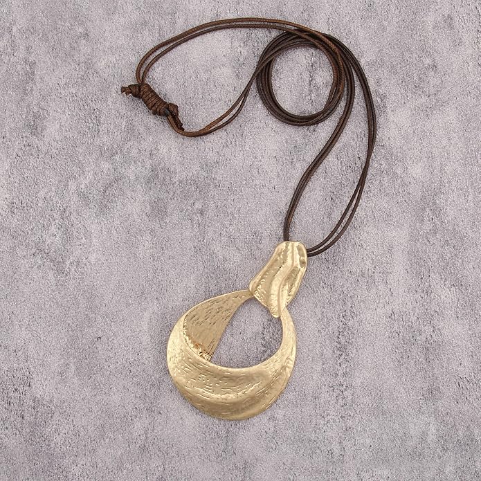 Long Boho Necklaces for Women Vintage Leather Wooden Pendant Y Choker Ethnic Style Gold Circle Hippie Sweater Necklace
