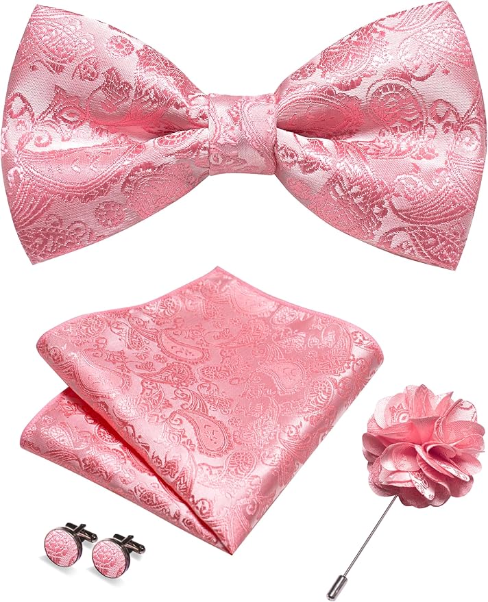 JEMYGINS Paisley Pre-tied Bow Tie and Pocket Square Cufflinks Lapel Pin Sets for Men 4PCS